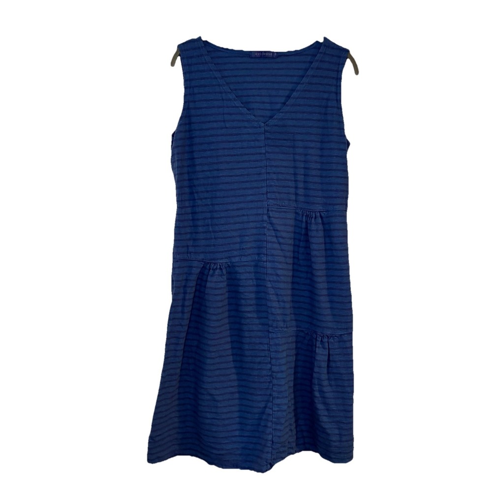 CUT LOOSE Dress Blue Striped Cotton/Linen Knit Sleeveless Knee Length Lagenlook